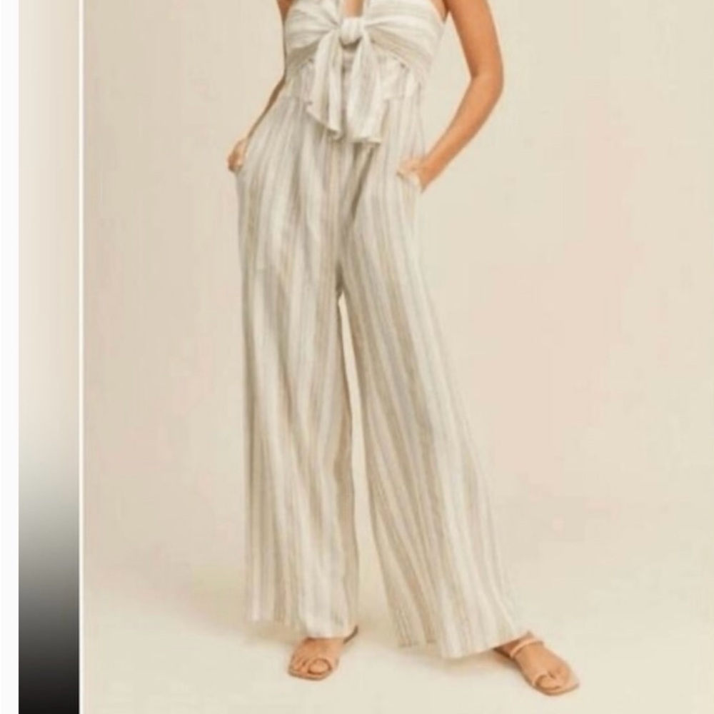 Striped Tie-Front Wide-Leg Jumpsuit - Cream